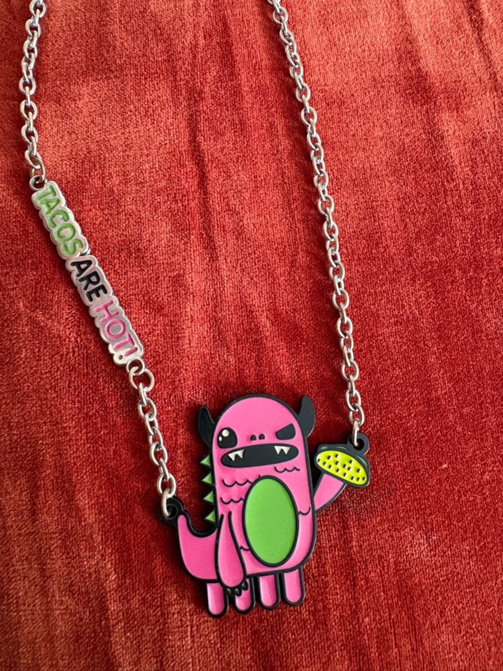 Pink Monster Pendant Necklace with Green Accent - Fun Women’s Jewelry